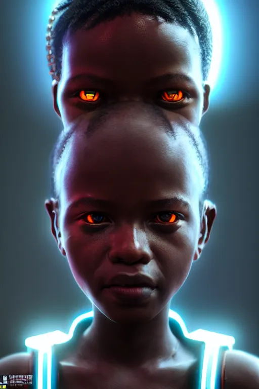 Image similar to a portrait of a young cyberpunk African child, biotech machine, photo realistic rendering with a cyberpunk style, dramatic cinematic lighting, highly detailed post processing, artstation, unreal engine, detailed face