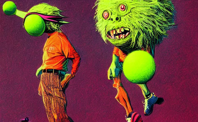 Image similar to a tennis ball monsters back to the future, colorful, digital art, fantasy, magic, chalk, trending on artstation, ultra detailed, professional illustration by basil gogos