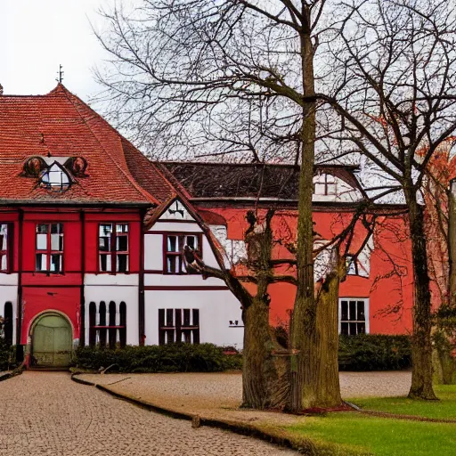 Prompt: 1 8 8 0 s big german farmhouse, red bricks, hannover, lower saxony, black roof