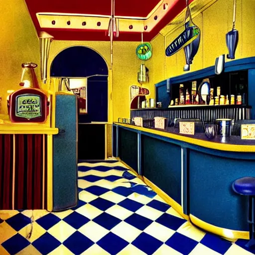 Image similar to inside an old fashioned ice cream parlor. a leaking case of melting ice cream cases is behind the bar. the leak has made a puddle on the floor, and the puddle is reminiscent to the shape of werewolf fangs. there is an eerie voluminous blue electric glow. digital art, ultrarealistic, cinematic, autochrome