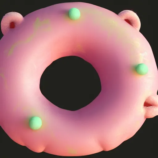 Image similar to a pink hairy donut with ears, hyper realistic, unreal engine 5, octane 3 d, render