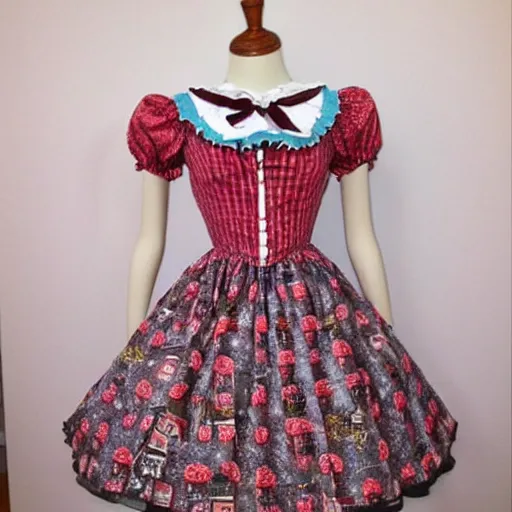 Prompt: A themed lolita dress ; the fabric has pictures of solar panels and windmills on it. A beautiful lolita dress, Angelic Pretty