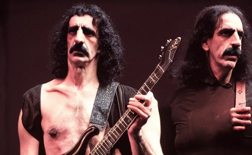 Prompt: Frank Zappa in a leotard performs the role of Richard III in award-winning modern dress production of Richard III in front of a live audience