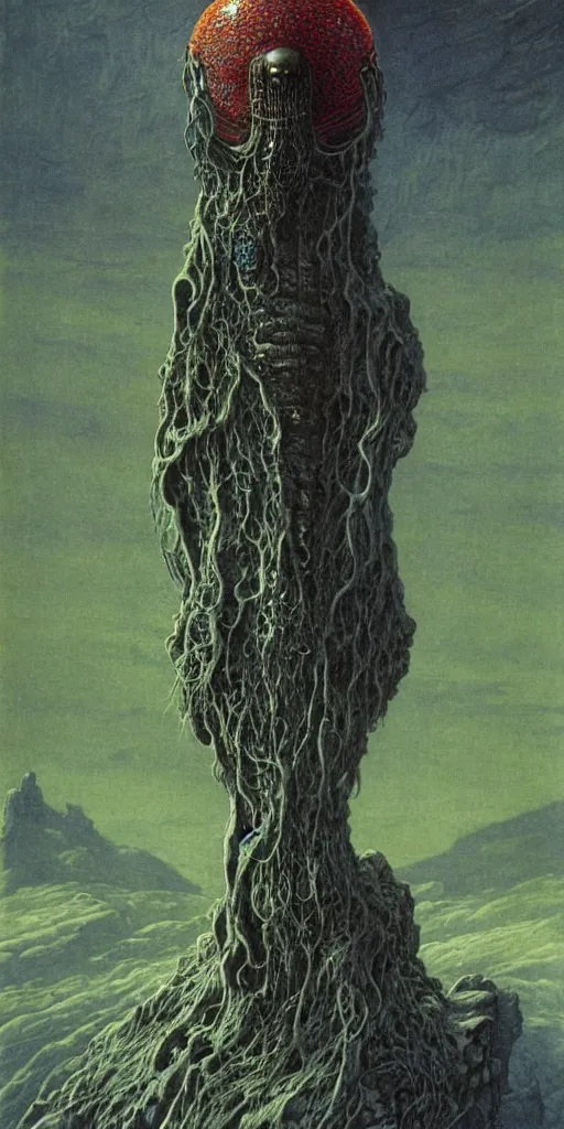 Prompt: A detailed lonely tesla roboalien with jellyfish head stands among the mountains. Wearing a ripped mantle, robe. Perfect face, colossal scale, extremely high details, realistic, fantasy art, solo, masterpiece, art by Zdzisław Beksiński, Arthur Rackham, Dariusz Zawadzki