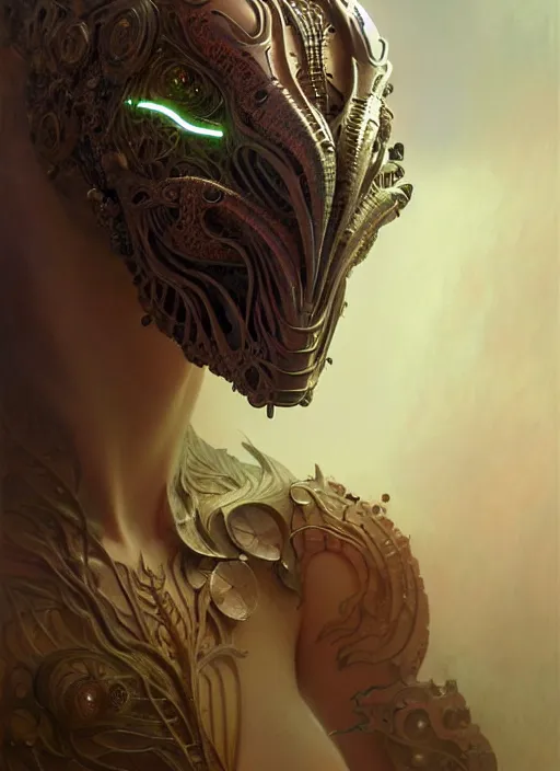 Image similar to organic cyborg, dragon mask, diffuse lighting, fantasy, intricate, elegant, highly detailed, lifelike, photorealistic, digital painting, artstation, illustration, concept art, smooth, sharp focus, art by John Collier and Albert Aublet and Krenz Cushart and Artem Demura and Alphonse Mucha