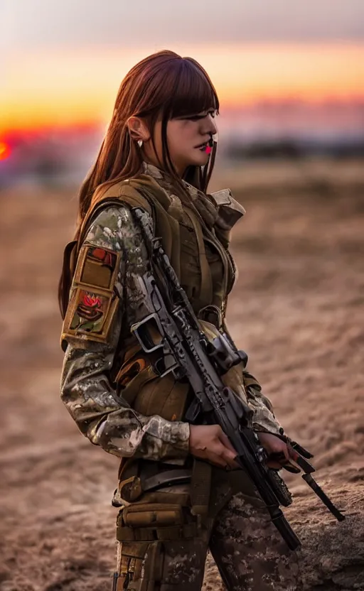 Prompt: highly detailed, high resolution, war footage, stunning, real world, real sunset, in the middle of the battlefield, girls frontline style, bokeh soft, 100mm, trending on instagram, by professional photographer, featuring picciolina airsoftgirl, realistic human anatomy, realistic military carrier, soldier clothing, modern warfare, realistic handgun
