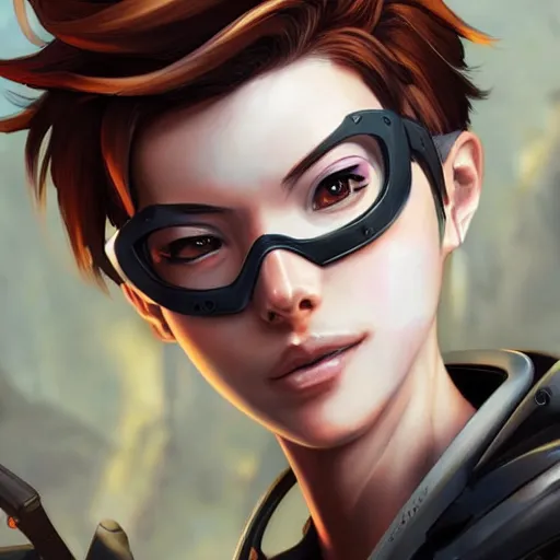 Image similar to tracer overwatch portrait, close up, concept art, intricate details, highly detailed photorealistic in the style of michael komarck, joel torres, seseon yoon, artgerm and warren louw