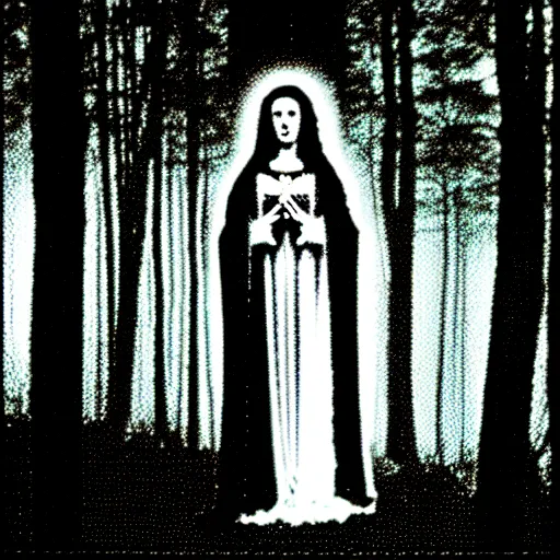 Image similar to marian apparition in forest, high contrast, found footage, vhs, 1 9 9 0, beautiful, highly realistic, highly detailed, vhs noise static, black and white, vhs glitch