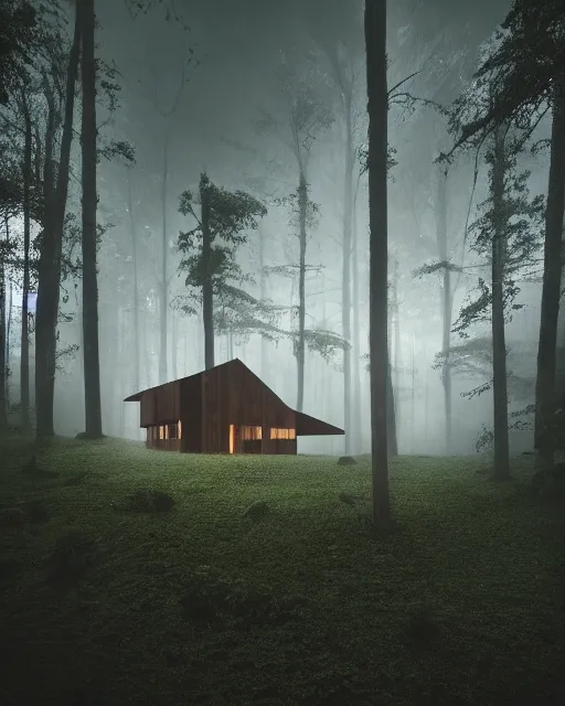 Image similar to an exquisite wooden house in the middle of a lush forest at night, minimalist design, architectural photography, dark and dim lighting, beautiful, tranquil, moody, cinematic, fantasy, 3 5 mm lens, volumetric lighting, first person view, photographic render, hyper realistic