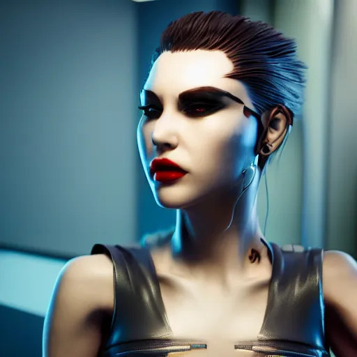 Prompt: evil cyberpunk attractive female villain, highly detailed, photorealistic portrait, bright studio setting, studio lighting, crisp quality and light reflections, unreal engine 5 quality render