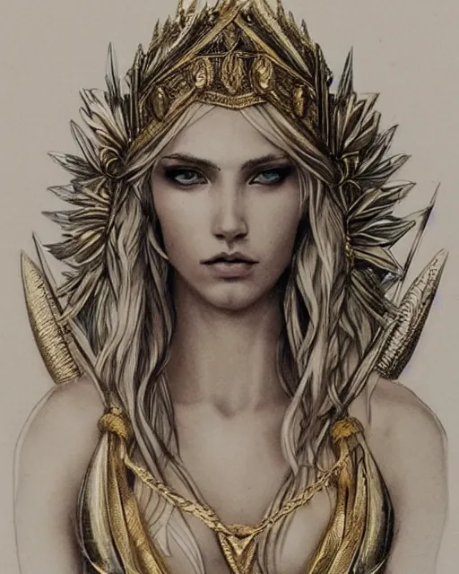 Image similar to tattoo sketch of hot blonde super model as aphrodite greek goddess wearing a gold laurel wreath and triangle earrings, beautiful piercing gaze with sharp pupils, in the style of greg rutkowski, fantasy, amazing detail, epic, elegant, smooth, sharp focus, front view