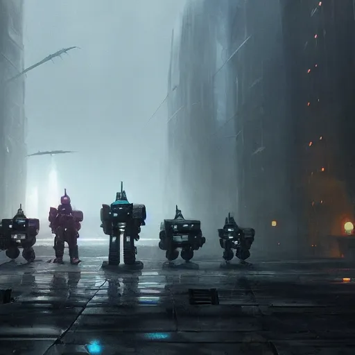 Prompt: a digital painting of bounty hunter robots, matte painting, hyper realistic, very detailed, dramatic scene, realistic lighting, dark fantasy, 4 k, in the style of greg rutkowski,