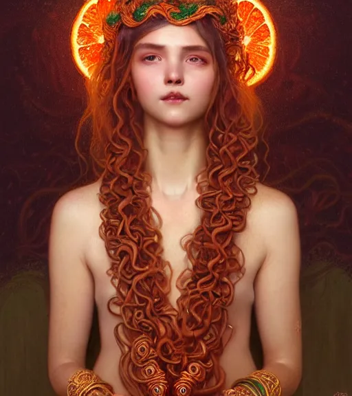 Image similar to portrait of teenage medusa, snake hair, naughty smile, wearing an embroidered orange tunic, intricate, sensual, elegant, copper and emerald jewelry, glowing lights, seductive, highly detailed, digital painting, artstation, concept art, smooth, sharp focus, illustration, art by wlop, mucha, artgerm, and greg rutkowski