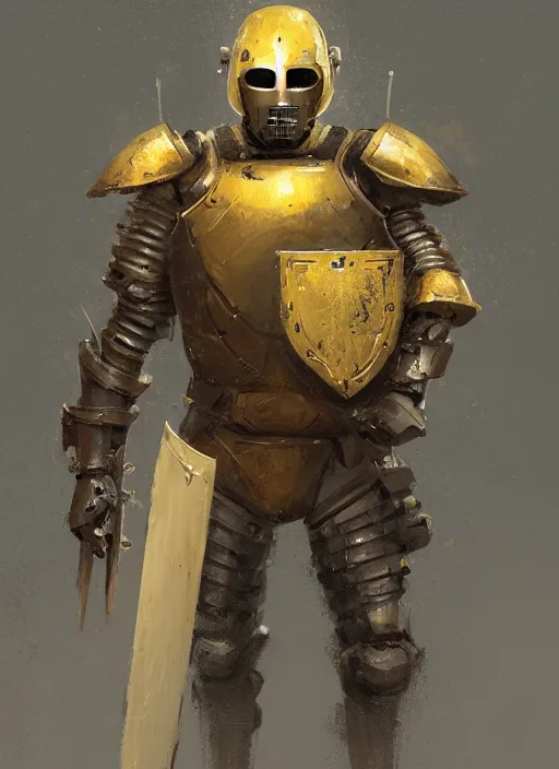 Image similar to portrait of a warforged character in yellow armor holding a paladin engraved longsword and carrying a big shield, epic rough concept art, by Greg Rutkowski
