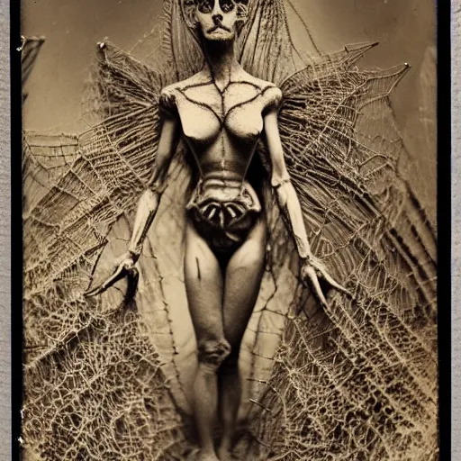 Image similar to 1860 photo of an old freak show body spider-woman, on the middle of a forest, spooky , veins, arteries, intricate, golden ratio, full frame, elegant, highly detailed, ornate, ornament, sculpture, elegant , luxury, beautifully lit, ray trace, 3d, PBR