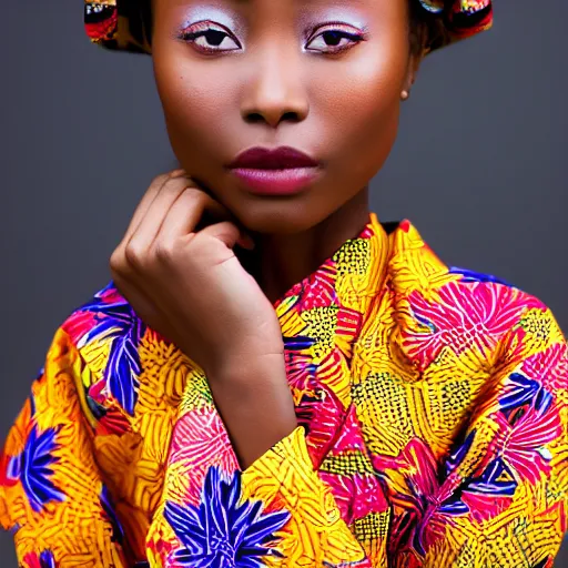 Prompt: portrait of a beautiful young african - asian model, wearing a kimono. zeiss 1 5 0 mm f 2. 8 hasselblad