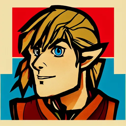 Image similar to “Side portrait of Link from Legend of Zelda, in the style of a soviet propaganda poster”