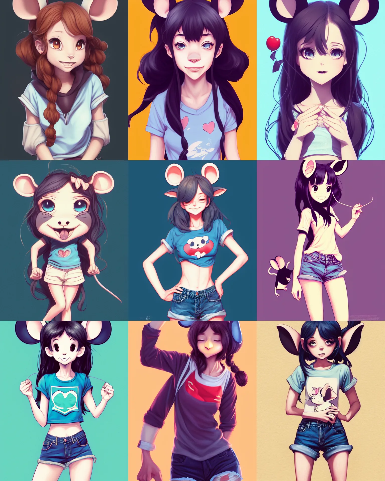 Prompt: fullbody portrait of half - mouse woman with mouse nose and ears, wearing summer jeans shorts and tshirt, anime art, concept art, detailed attractive face, symmetrical, trending on pixiv, by lois van baarle by sung choi by john kirby artgerm style pascal blanche and magali villeneuve