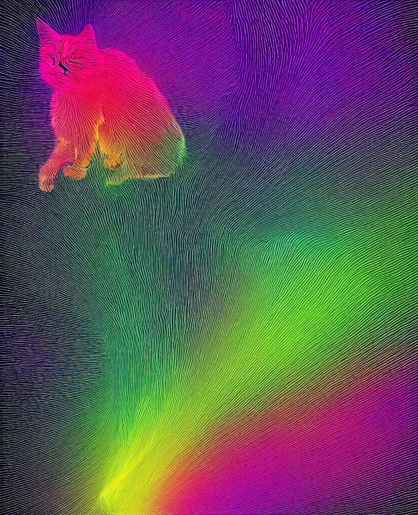 Prompt: stacked plot of radio emissions from a pulsar, abstracted light refractions and stripy interference, making the shape of a fluffy cat isolated on black, highly detailed high resolution, silk screen t-shirt design in the style of FELIPE PANTONE 4K