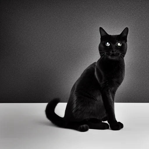 Image similar to studio photograph of a highly intelligent black cat sitting in a white room