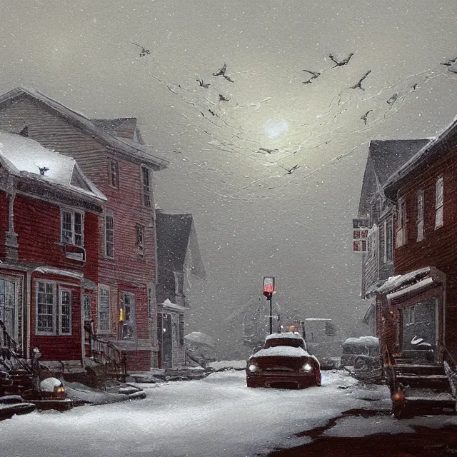 Image similar to a beautiful painting of a small new england town engulfed in a noreaster blizzard by rutkowski and rockwell, white out blizzard, horror concept art, detailed, art gallery quality, cinematic lighting