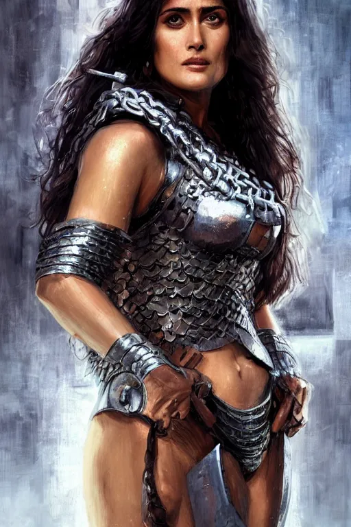 Image similar to portrait, Salma Hayek , barbarian , dressed in chain mail bikini armor, face portrait, raphael lacoste, eddie mendoza, alex ross, concept art, matte painting, highly detailed, rule of thirds, dynamic lighting, cinematic, detailed, denoised, centred