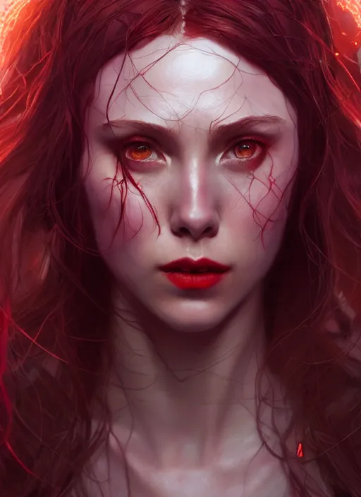 Image similar to Scarlet Witch, au naturel, hyper detailed, digital art, trending in artstation, cinematic lighting, studio quality, smooth render, unreal engine 5 rendered, octane rendered, art style by klimt and nixeu and ian sprigger and wlop and krenz cushart