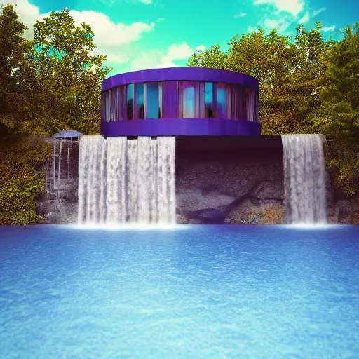 Prompt: cinematic view of a hyperrealistic futuristic metal house with a waterfall coming out of it into a pool of bubbling photons, alien planet, alien fauna, red and green hues, blue and purple sky, cosmos in sky, galaxy in sky, hd, 3 d, 8 k, shadowed texture, symbolism, surrealm light rays, concept art, octane render