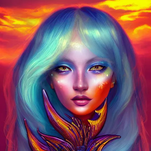 Prompt: a beautiful stunning interesting detailed fantasy whimsical matte digital portrait illustration of a mermaid with turqoise hair, yellow-orange and red-violet sunset, spectacular sunset, a painting by Ross Tran, trending on artstation hq, contest winner