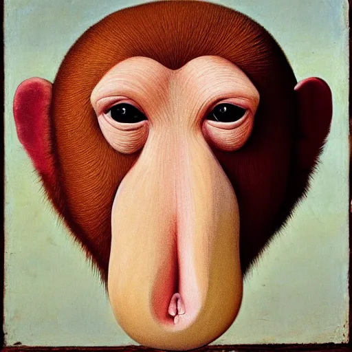 Image similar to Portrait of a Proboscis monkey, wearing a white wig, renaissance painting