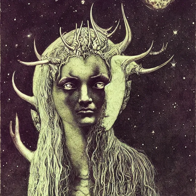 Image similar to A detailed horned many-faced goddess stands among the cosmos. Wearing a ripped mantle-robe in cosmic texture. Perfect faces, extremely high details, realistic, fantasy art, solo, masterpiece, art by Zdzisław Beksiński, Arthur Rackham, Dariusz Zawadzki