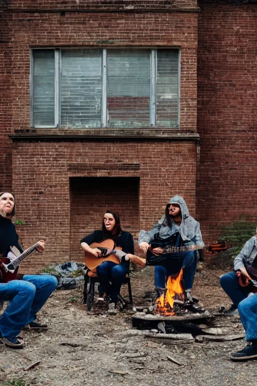 Prompt: Four stalkers sit with guitars by the fire near an abandoned brick house