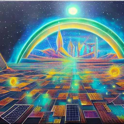 Image similar to solar punk city, geometry will draw the soul toward the truth and create the spirit of philosophy, galactic nebula, surrealist oil painting