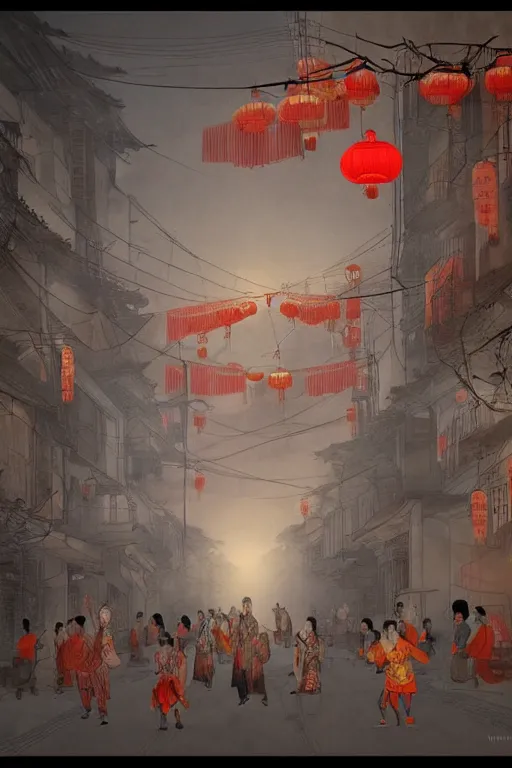 Image similar to on the night of the chinese new year's day, many chinese ghosts wander in the ancient chinese streets. the guiding line composition method, the tindal effect, the soft light, the cool color, by wu jinyuan, trending on artstation