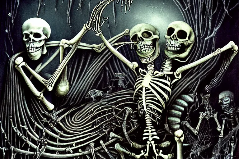 Prompt: highly detailed fine painting Macabre Dancing skeletons eerie moonlit under water under water scene fantasy digital art by H.R. Giger deviantart