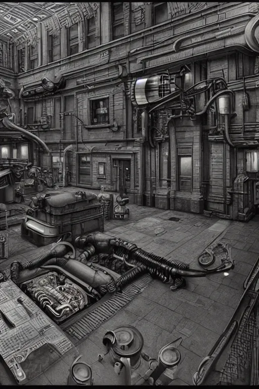 Image similar to strange retro sci - fi quantum teleportation gizmo, thingamajig. steampunk, dieselpunk techno - magical engine vray cryengine hyperrealism photorealistic hyperdetailed by edward hopper, mc escher and hr giger.