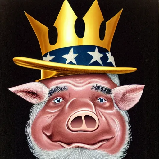 Prompt: uncle sam with a pig face wearing a gold crown