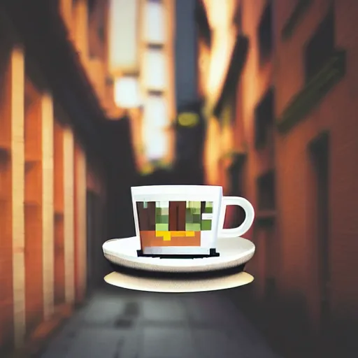 Prompt: A cup of coffee reflecting the surroundings in an alley, Pixel Art, Closeup