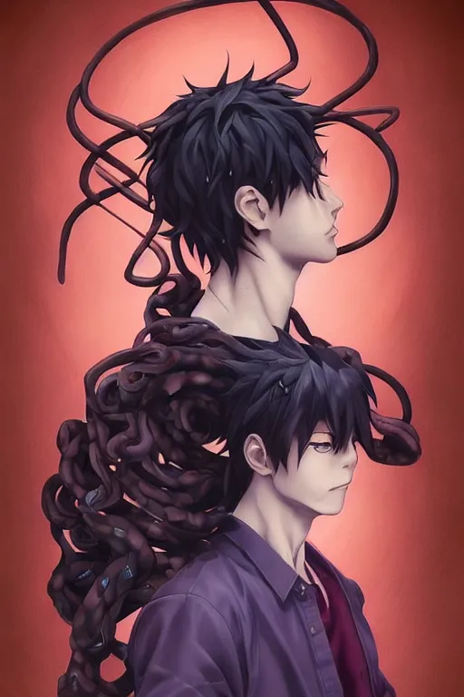 Image similar to portrait of an anime manga guy with hair order snakes, straight on, by artgerm, james jean, tom bagshaw, gerald brom, vaporwave colors, lofi colors, vaporwave, lofi, goth vibe, 4 k, smooth, hd, substance designer render, full body character concept art, symmetrical, 2 point lighting,