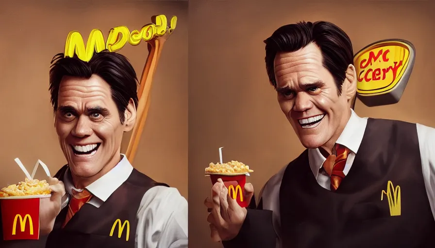 Prompt: Jim Carrey work as a waiter at Mcdonalds, hyperdetailed, artstation, cgsociety, 8k