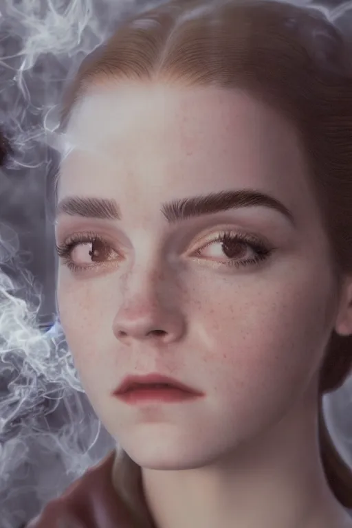 Image similar to 3 5 mm colour, mix of of emma watson and anya taylor - joy, evil princess, hyperrealism, octane render, extremely detailed, intricate smoke magic, lace, silk, style of david cronenberg, earl nore, hyung tae, frank frazetta