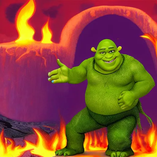 Prompt: shrek in hell, ominous, horror, flames, fire