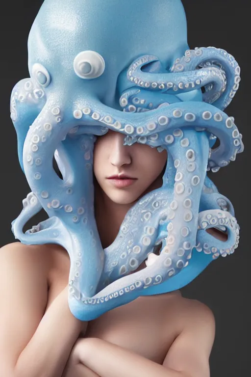 Prompt: full head and shoulders, beautiful porcelain female person, smooth, delicate facial features, big detailed eyes, white lashes, wearing a pale blue swimming cap and pale pink swimming costume, 3 d white large octopus tentacles by daniel arsham and james jean