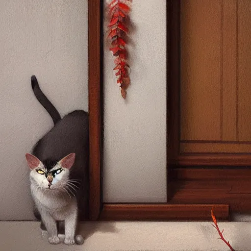 Image similar to house cat eating a vine in the living room next to a door by greg rutkowski