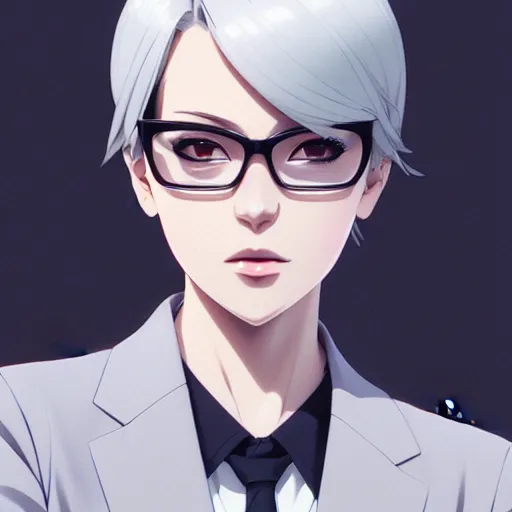 Prompt: profile of beautiful girl with grey hair, wearing glasses and white suit, cinematic | | very anime, rule of thirds, fine details. realistic shaded lighting by ilya kuvshinov, katsuhiro otomo, kidmo, trending on artstation, magali villeneuve, artgerm, jeremy lipkin and michael garmash