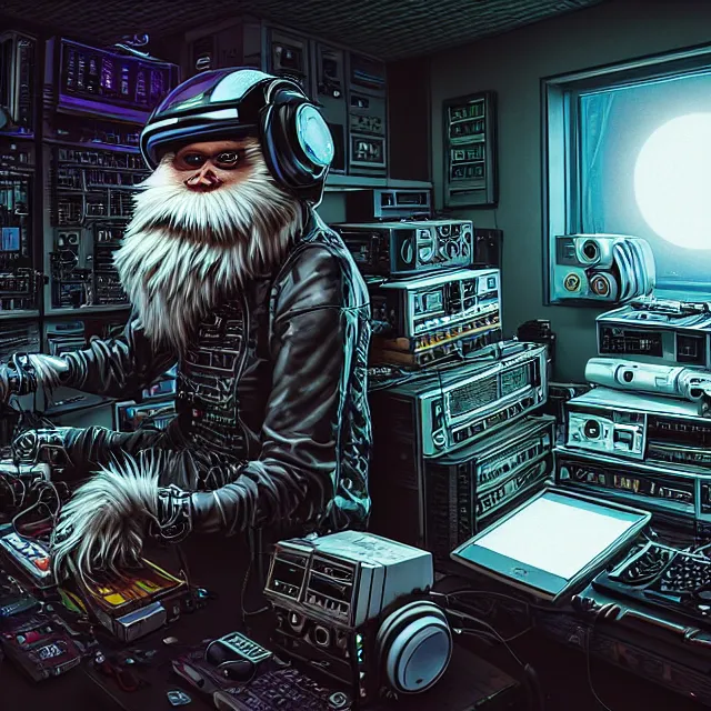 Prompt: a portrait of an anthropomorphic cyberpunk yeti in a motorcycle helmet working in his secret electronics lab, detailed render, tape deck, boombox, headphones, epic composition, cybernetics, 4 k realistic, cryengine, realistic shaded lighting, sharp focus, masterpiece, by matteo scalera, gary montalbano, peter elson in the style of the tokyo ghost comic