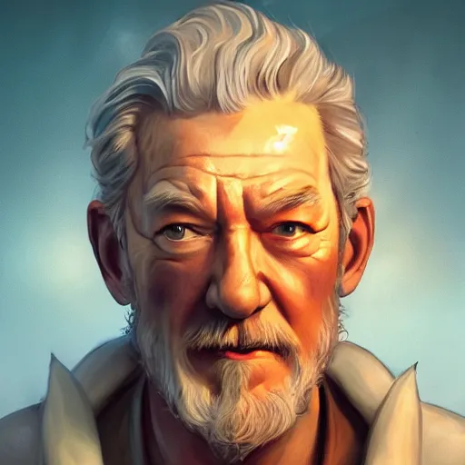 Prompt: Portrait of Ian McKellen as Zeus, the greek god, mattepainting concept Blizzard pixar maya engine on stylized background splash comics global illumination lighting artstation lois van baarle, ilya kuvshinov, rossdraws