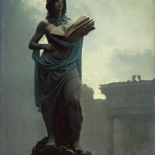 Image similar to half portait of medusa wearing a closed cowl and big old book! chained to the wrist, jeremy mann, jean - leon gerome, tiepolo, alphonse mucha, greg rutkowski, face in the shadows, ( ( ruins of ancient rome ) ), at dusk, mysterious atmosphere, sunrays, dof, high detailed, 8 k