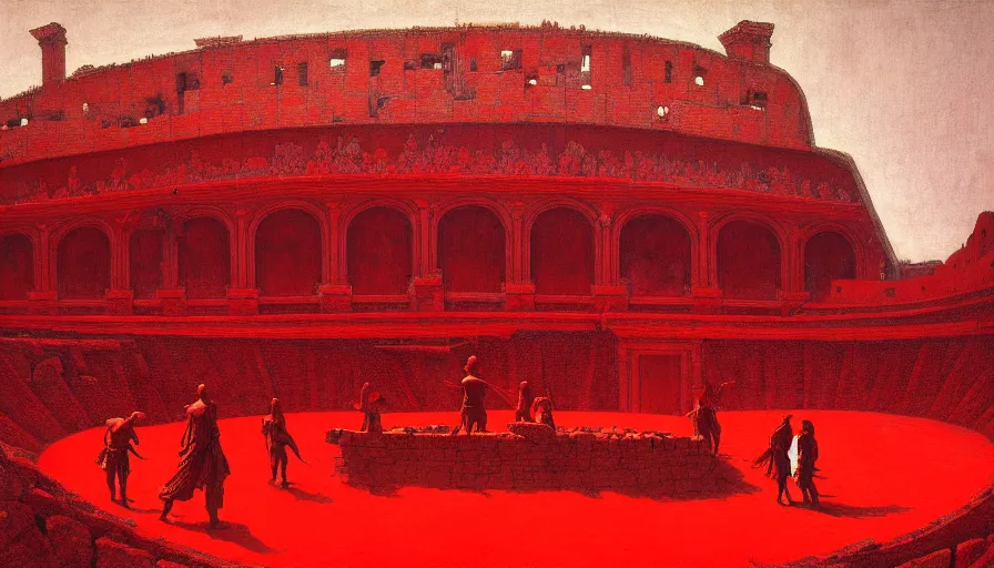 Image similar to only with red, a lightly armored gladiator in a crowded roman amphitheatre, crowd cheering, in the style of beksinski and edward hopper and rodcenko and yue minjun and cory loftis, intricate and epic composition, red by caravaggio, highly detailed, masterpiece, red light, artstation, art nouveau