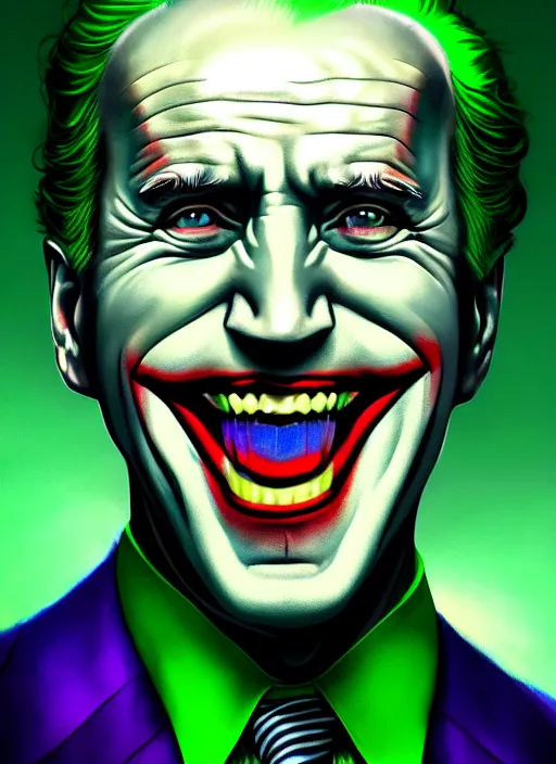 Prompt: portrait of joe biden as the joker, green hair, intricate, elegant, glowing lights, highly detailed, digital painting, artstation, concept art, sharp focus, illustration, art by wlop, mars ravelo and greg rutkowski